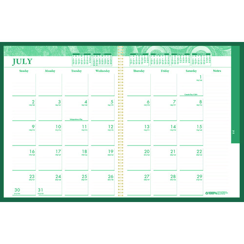 100% Recycled MonoBright Monthly/Weekly Planner, 11 x 8.5, Green/Gold Cover, 12-Month (July to June): 2024 to 2025