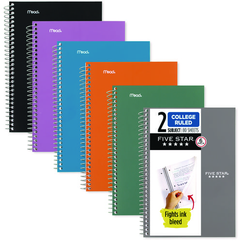 Wirebound Notebook, 2-Subject, Medium/College Rule, Assorted Cover Color, (80) 9.5 x 6.52 Sheets, 6/Pack