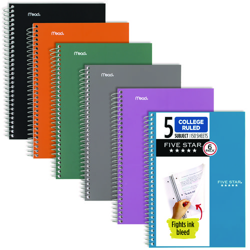 Wirebound Notebook, 5-Subject, Medium/College Rule, Assorted Cover Color, (150) 9.5 x 6.63 Sheets, 6/Pack