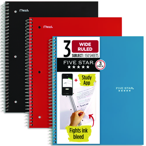 Image of Wirebound Notebook, 3-Subject, Wide/Legal Rule, Assorted Cover Color, (150) 10.5 x 8.63 Sheets, 3/Pack