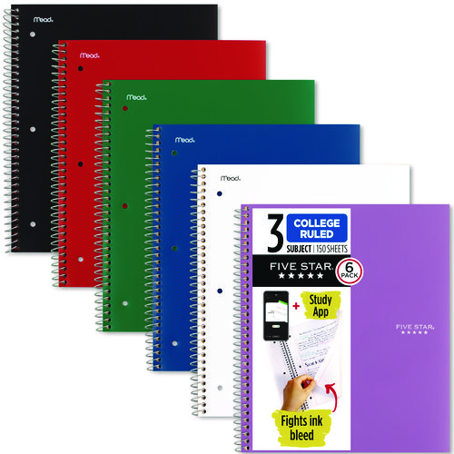 Wirebound Notebook, 3-Subject, Medium/College Rule, Assorted Cover Colors, (150) 11 x 9.13 Sheets, 6/Pack