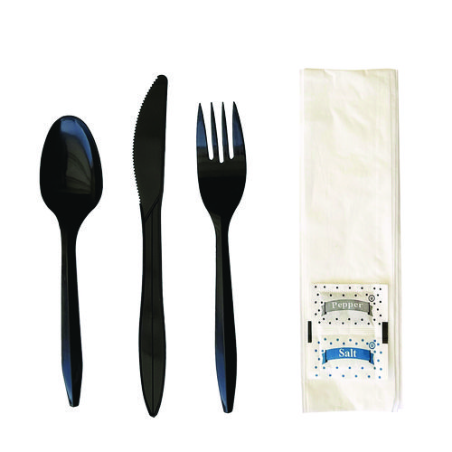 Six-Piece Cutlery Kit, Fork/Knife/Napkin/Pepper/Salt/Spoon, Black, 250/Carton