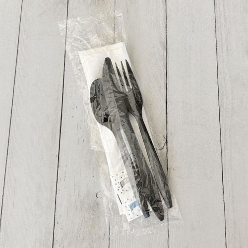 Six-Piece Cutlery Kit, Fork/Knife/Napkin/Pepper/Salt/Spoon, Black, 250/Carton