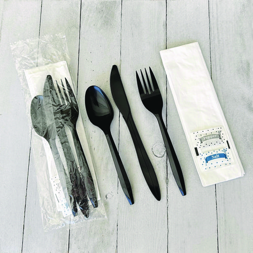 Six-Piece Cutlery Kit, Fork/Knife/Napkin/Pepper/Salt/Spoon, Black, 250/Carton