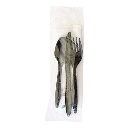 Image of Six-Piece Cutlery Kit, Fork/Knife/Napkin/Pepper/Salt/Spoon, Black, 250/Carton