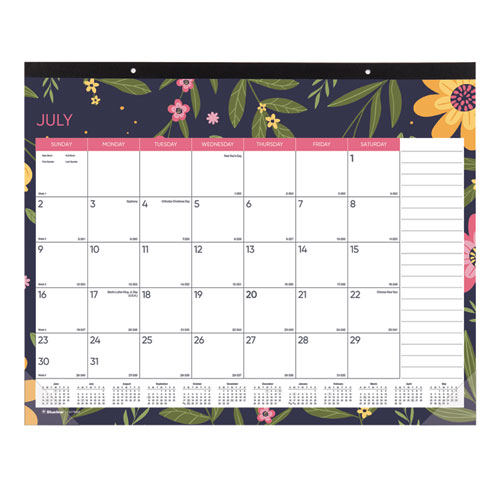 Blueline® Spring Monthly Academic Desk Pad Calendar, Colorful Blossom Artwork, 22 X 17, Black Binding, 18-Month (July-Dec): 2023-2024