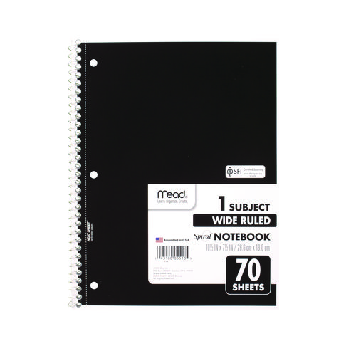 Spiral Notebook, 3-Hole Punched, 1-Subject, Wide/Legal Rule, Randomly Assorted Cover Color, (70) 10.5 x 7.5 Sheets
