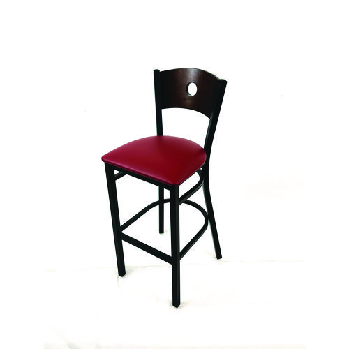 Circle Series Barstool, Supports Up to 300 lb, 28.5" Seat Height, Burgundy Seat, Dark Walnut Back, Black Base