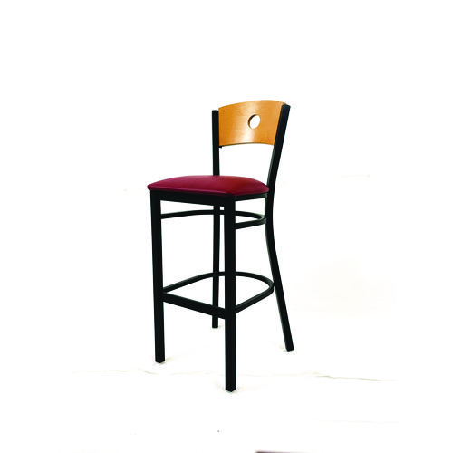 Circle Series Barstool, Supports Up to 300 lb, 28.5" Seat Height, Burgundy Seat, Natural Back, Black Base