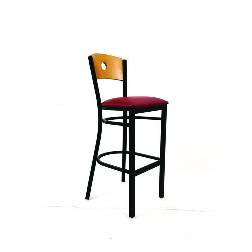 Circle Series Barstool, Supports Up to 300 lb, 28.5" Seat Height, Burgundy Seat, Natural Back, Black Base