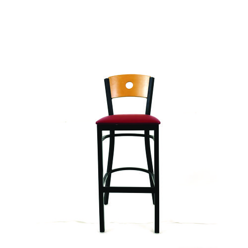 Circle Series Barstool, Supports Up to 300 lb, 28.5" Seat Height, Burgundy Seat, Natural Back, Black Base