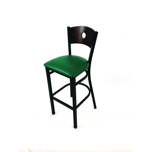 Circle Series Barstool, Supports Up to 300 lb, 28.5" Seat Height, Green Seat, Dark Walnut Back, Black Base