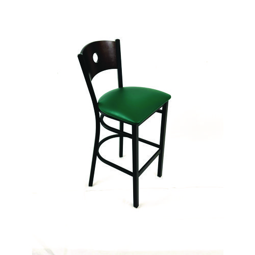 Circle Series Barstool, Supports Up to 300 lb, 28.5" Seat Height, Green Seat, Dark Walnut Back, Black Base