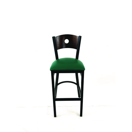 Circle Series Barstool, Supports Up to 300 lb, 28.5" Seat Height, Green Seat, Dark Walnut Back, Black Base