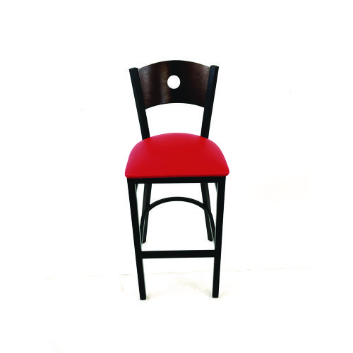 Circle Series Barstool, Supports Up to 300 lb, 28.5" Seat Height, Red Seat, Dark Walnut Back, Black Base