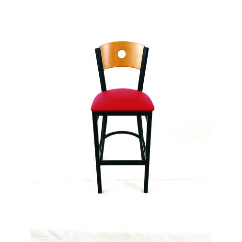 Circle Series Barstool, Supports Up to 300 lb, 28.5" Seat Height, Red Seat, Natural Back, Black Base