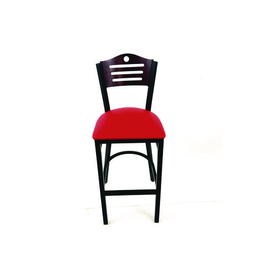 Eagle Series Barstool, Supports Up to 300 lb, 28.5" Seat Height, Red Seat, Dark Mahogany Back, Black Base