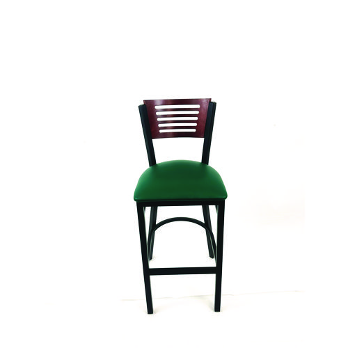 Jones River Series Barstool, Supports Up to 300 lb, 28.5" Seat Height, Green Seat, Dark Mahogany Back, Black Base