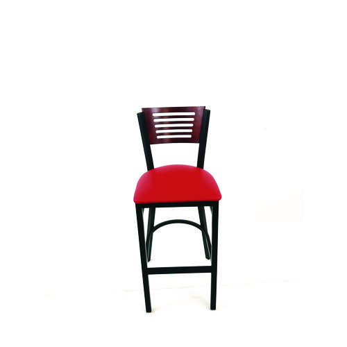 Jones River Series Barstool, Supports Up to 300 lb, 28.5" Seat Height, Red Seat, Dark Mahogany Back, Black Base