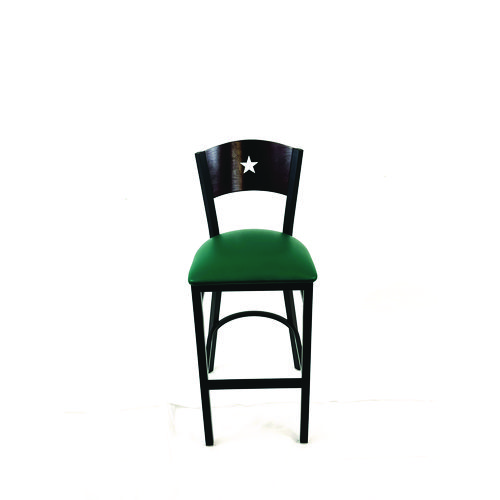 Liberty Series Barstool, Supports Up to 300 lb, 28.5" Seat Height, Green Seat, Dark Mahogany Back, Black Base