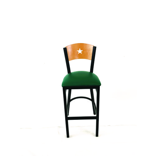 Liberty Series Barstool, Supports Up to 300 lb, 28.5" Seat Height, Green Seat, Natural Back, Black Base