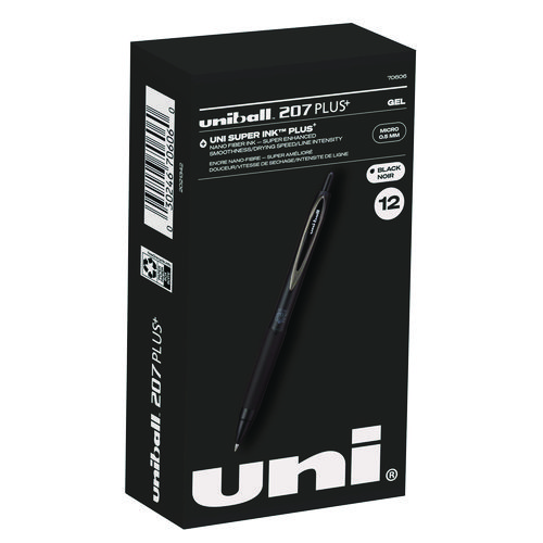 207 Plus+ Gel Pen, Retractable, Micro 0.5 mm, Black Ink, Black Barrel, Dozen