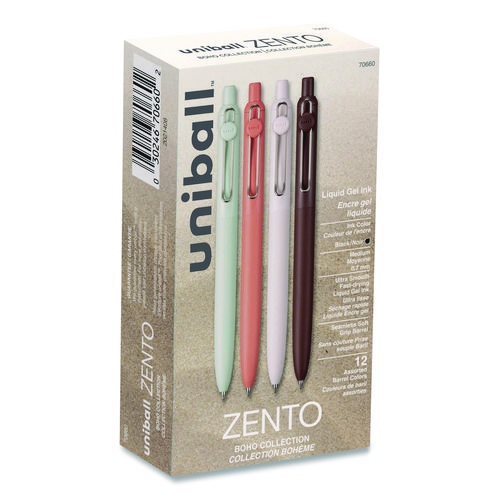 Zento Gel Pen, Retractable, Medium 0.7 mm, Black Ink, Adobe/Linen/Mist/Umber Barrel Colors, Dozen