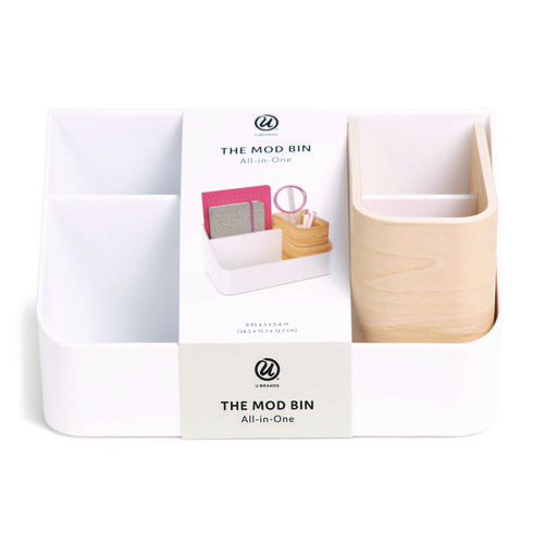 Mod All-in-One Desktop Organizer, 4 Compartments, 5.39 x 9.65 x 5.08, Plastic/Wood, White