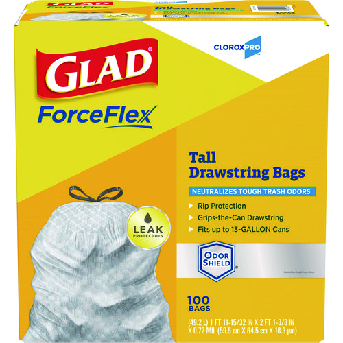 ForceFlexPlus Tall Kitchen Drawstring Trash Bags, 13 gal, 23.75" x 24.88", Gray, 100/Box