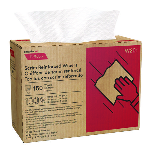 Tuff-Job Scrim Reinforced Wipers, 4-Ply, 9.25 x 12.5, White, 150/Box, 10 Boxes/Carton