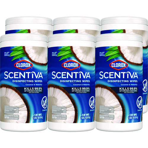 Scentiva Bleach Free Cleaning Wipes, 1-Ply, 7.75 x 7, Pacific Breeze/Coconut, White, 75/Canister, 6 Canisters/Carton