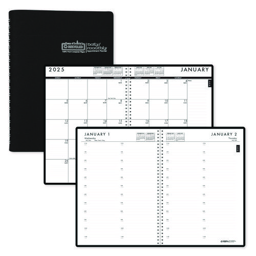 24/7 Recycled Daily Appointment Book/Monthly Planner, 10 x 7, Black Cover, 12-Month (Jan to Dec): 2025