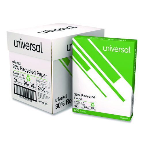 Image of Universal® 30% Recycled Copy Paper, 92 Bright, 20 Lb Bond Weight, 8.5 X 11, White, 500 Sheets/Ream, 5 Reams/Carton