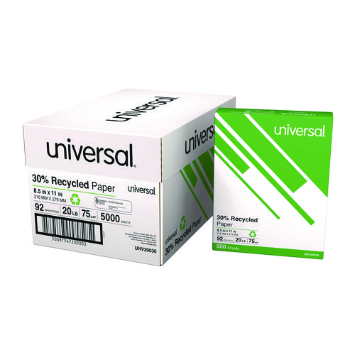 Universal® 30% Recycled Copy Paper, 92 Bright, 20 Lb Bond Weight, 8.5 X 11, White, 500 Sheets/Ream, 10 Reams/Carton