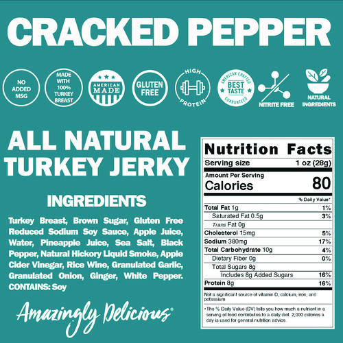 Turkey Jerky, Cracked Pepper Turkey, 1 oz Bag, 12 Bags/Carton