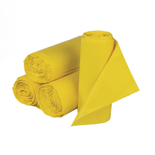 Low-Density Commercial Can Liners, Infectious Waste Biohazard, 30 gal, 1.15 mil, 30" x 43", Yellow, 25 Bags/Roll, 6 Rolls/CT