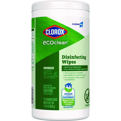 EcoClean Disinfecting Wipes, 1-Ply, 8 x 7, Unscented, White, 6/Carton