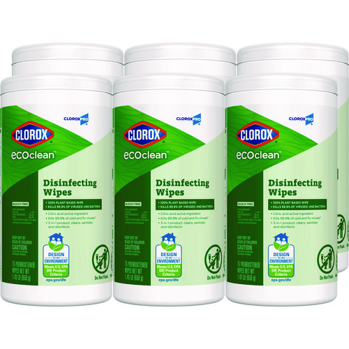 CloroxPro EcoClean Disinfecting Wipes, 1-Ply, 8 x 7, Unscented, White, 75 Count, 6/Carton