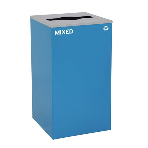 29 Gallon Trash/Recycling Cans, Steel, Blue Mixed Recycling with Mixed Lid, Black Trash Can with Square Lid