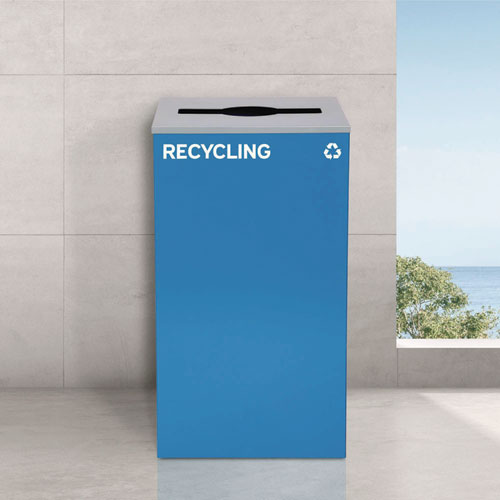 29 Gallon Trash/Recycling Cans, Steel, Blue Recycling with Mixed Lid, Black Trash Can with Square Lid