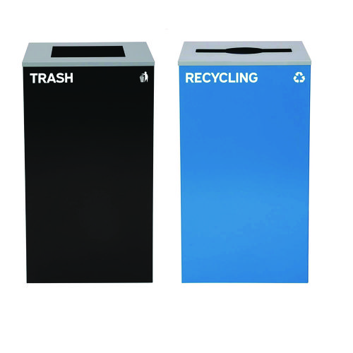 29 Gallon Trash/Recycling Cans, Steel, Blue Recycling with Mixed Lid, Black Trash Can with Square Lid