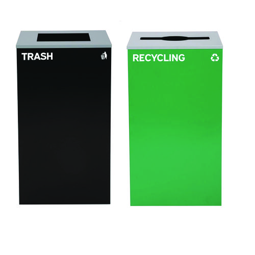 29 Gallon Trash/Recycling Cans, Steel, Green Recycling Can with Mixed Lid, Black Trash Can with Square Lid