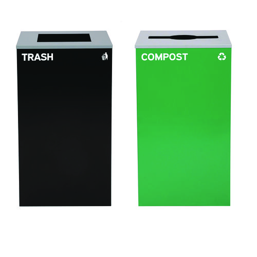 29 Gallon Trash/Recycling Cans, Steel, Green Compost Can with Mixed Lid, Black Trash Can with Square Lid