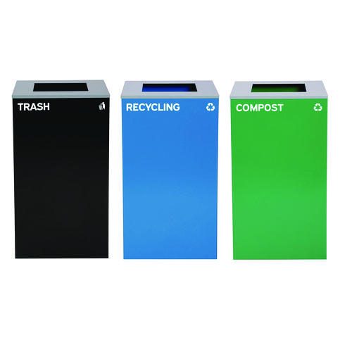 29 Gallon Trash/Recycling Cans, Steel, Blue Recycling Can, Green Compost Can, Black Trash Can with Square Lids