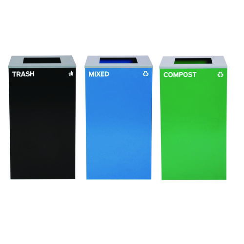 29 Gallon Trash/Recycling Cans, Steel, Blue Mixed Recycling Can, Green Compost Can, Black Trash Can with Square Lids