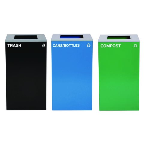 29 Gallon Trash/Recycling Cans, Steel, Blue Cans/Bottles Recycling Can, Green Compost Can, Black Trash Can with Square Lids