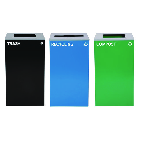 29 Gallon Trash/Recycling Cans, Steel, Blue Recycling Can/Mixed Lid, Green Compost Can and Black Trash Can with Square Lids