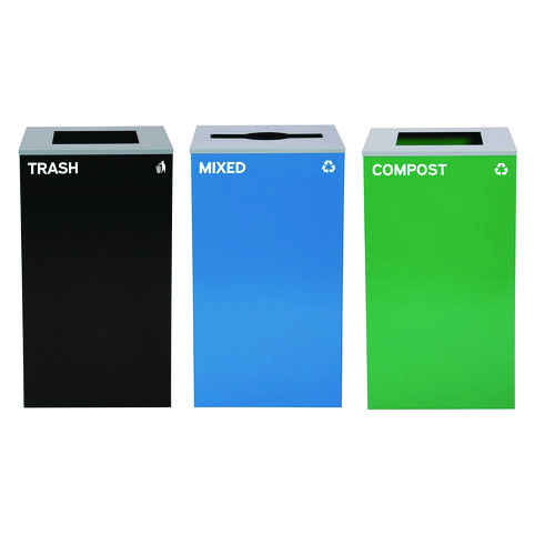 29 Gallon Trash/Recycling Cans, Steel, Blue Mixed Recycling Can w/Mixed Lid, Green Compost and Black Trash Cans w/Square Lids