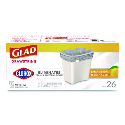 Medium Drawstring Trash Bags with Clorox, 8 gal, Lemon Fresh Bleach Scent, 0.74 mil, 23" x 21.63", Gray, 26/Box