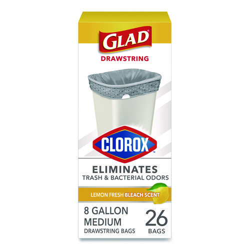 Medium Drawstring Trash Bags with Clorox, 8 gal, Lemon Fresh Bleach Scent, 0.74 mil, 23" x 21.63", Gray, 26/Box